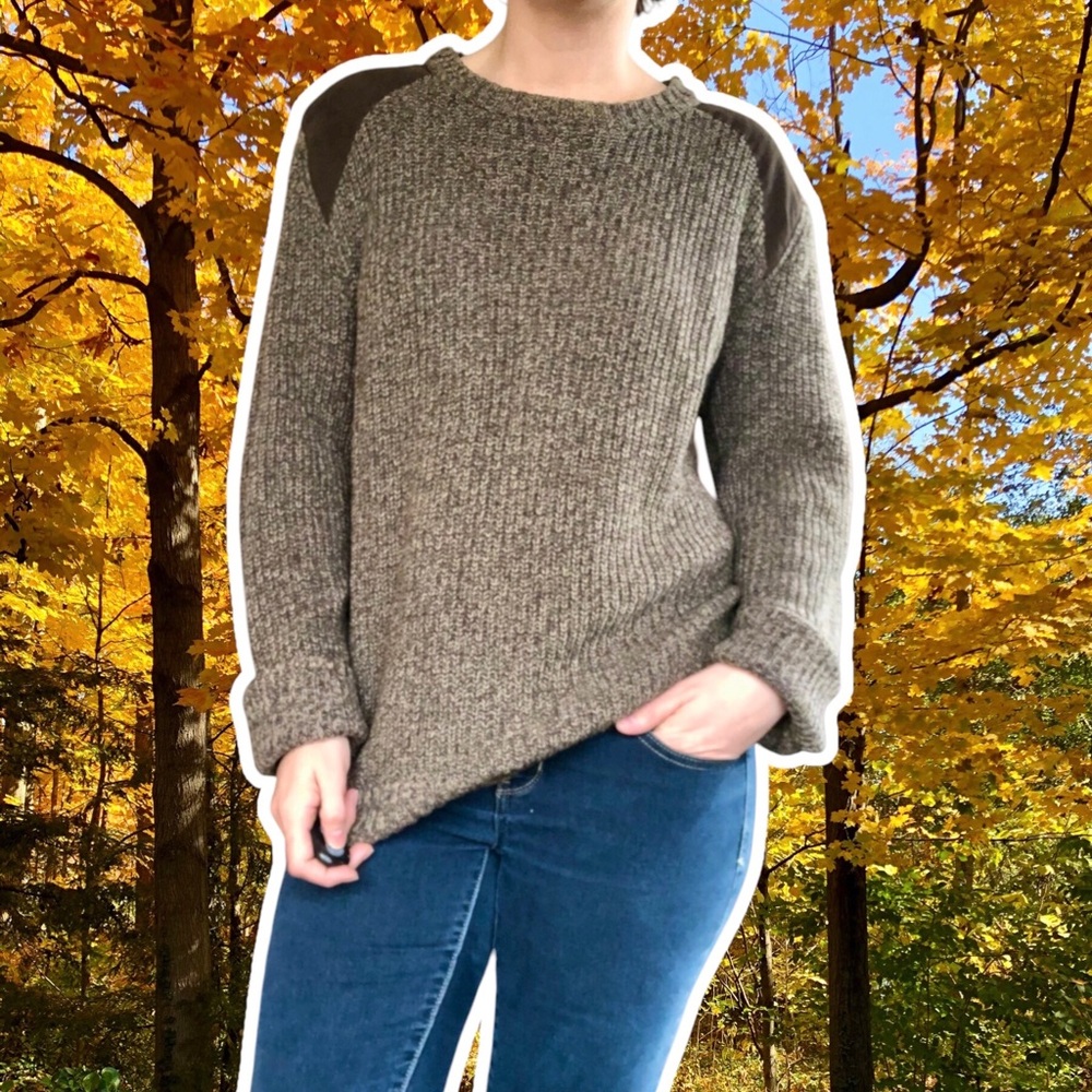 H&M Earthy Cotton Sweater with Shoulder and Elbow Patches, Size L